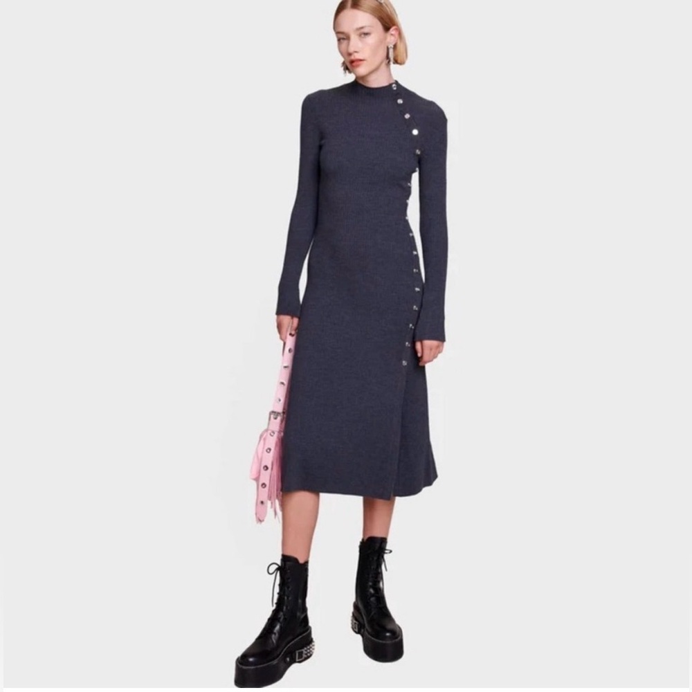 Maje Ravie Rib Knit Midi Wool Blend Dress- size 40 (L)